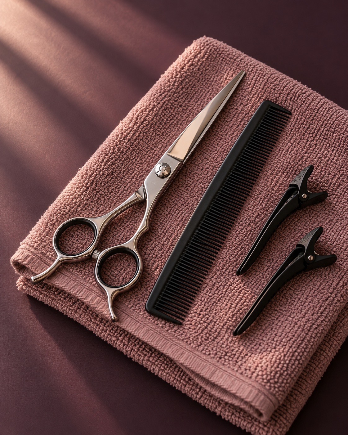 Illustrative still life of haircutting shears, a comb and clips on a rose towel